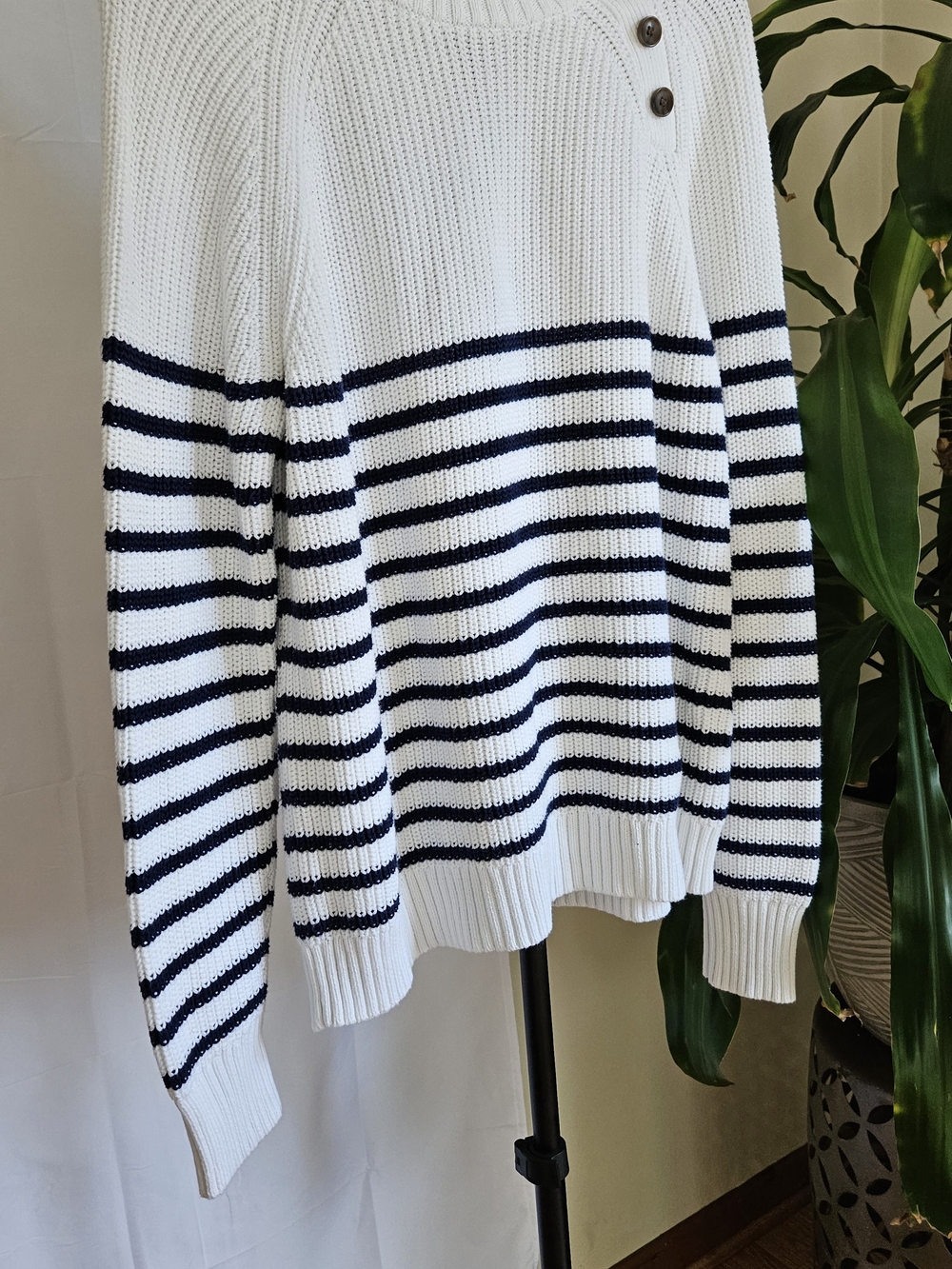 J. Crew White & Navy Striped Cowl-Neck Button-Shoulder Sweater - Picture 5 of 12